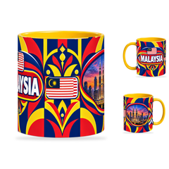 Malaysia Mug Yellow – 320ml with yellow handle, showing the centered flag view plus companion country-name and landmark views of the glossy full-wrap design by Fann Bliss.