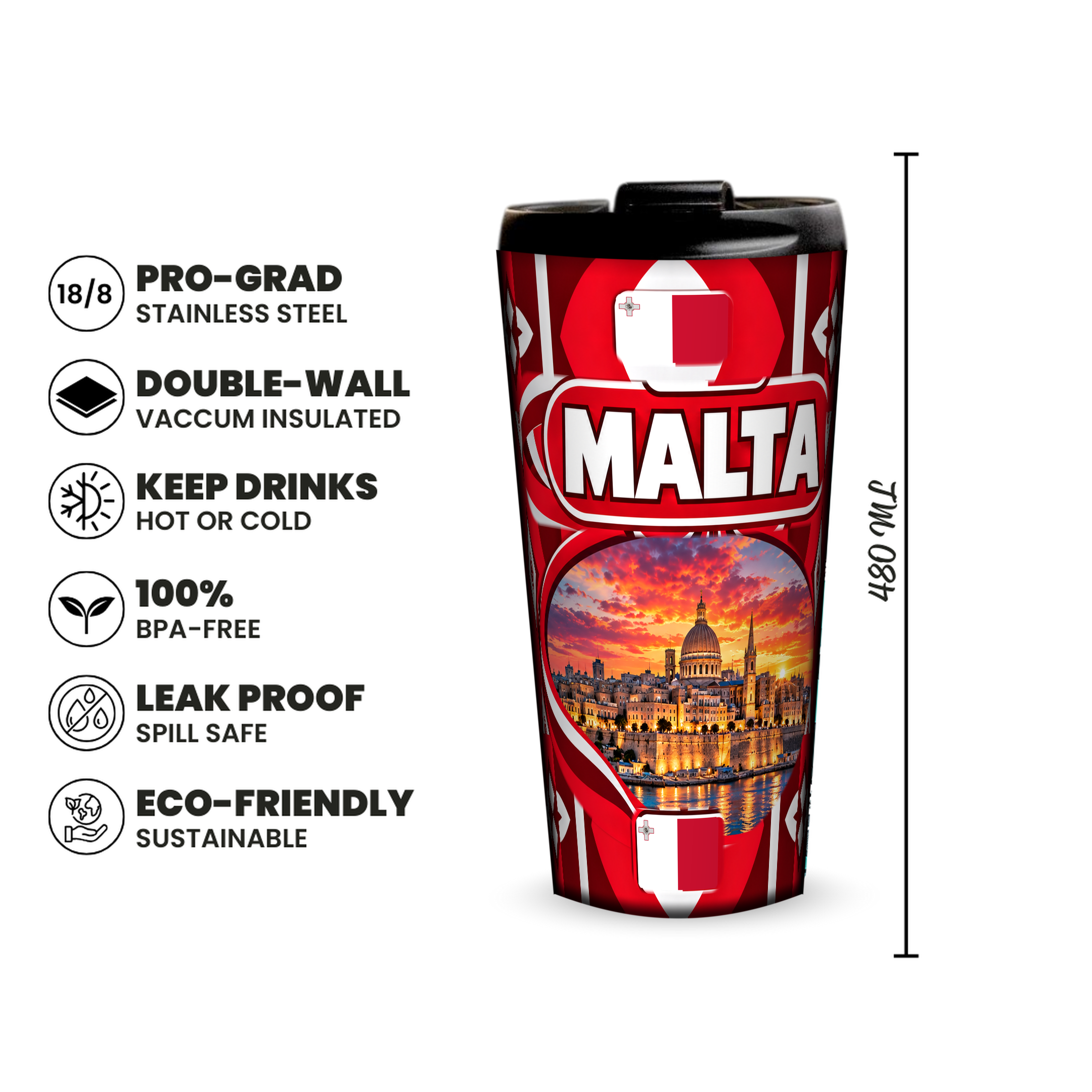 Malta 480ml insulated tumbler features and size