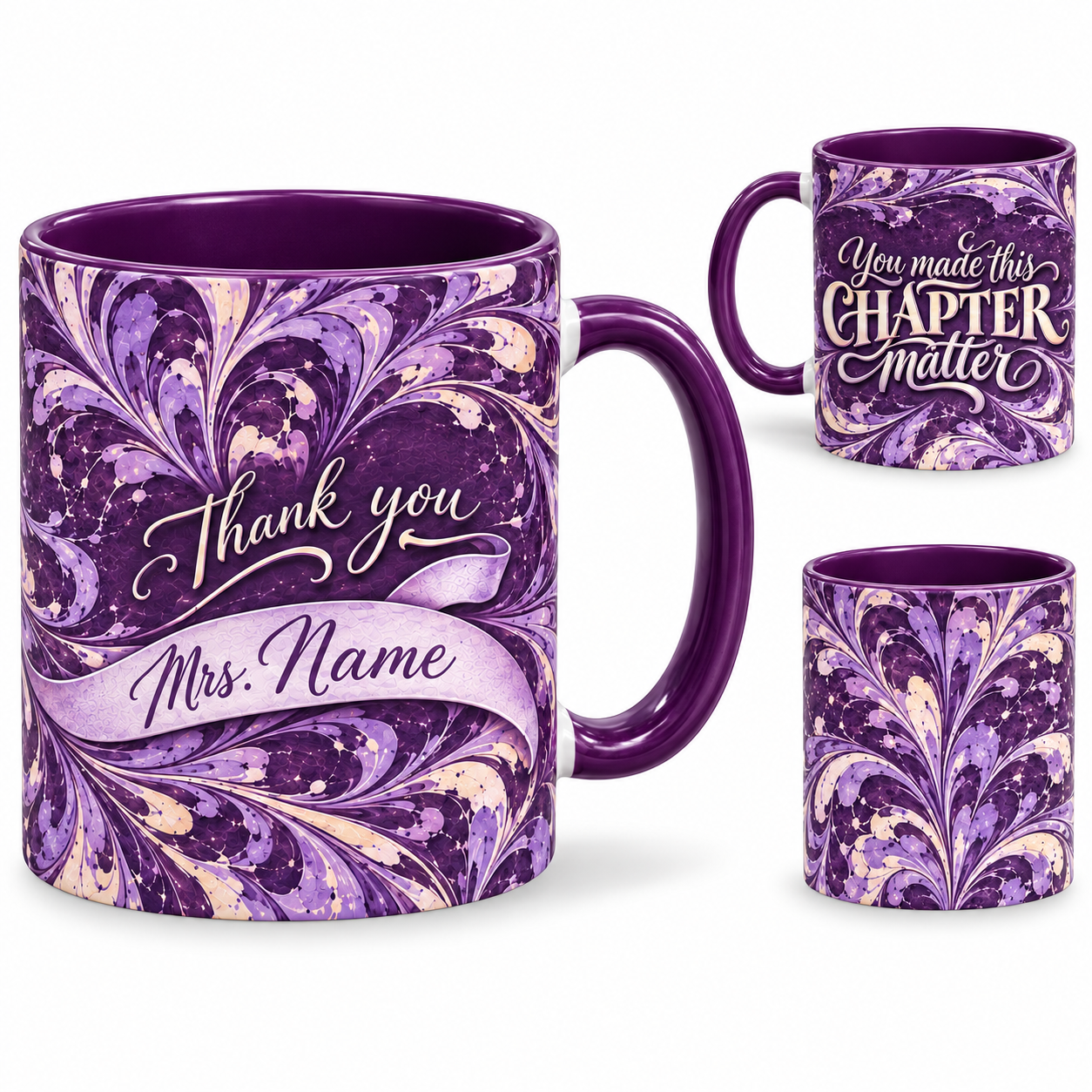 Meaningful Chapter Mug – 320ml, purple ceramic mug, views of the full-wrap Teacher’s Day design