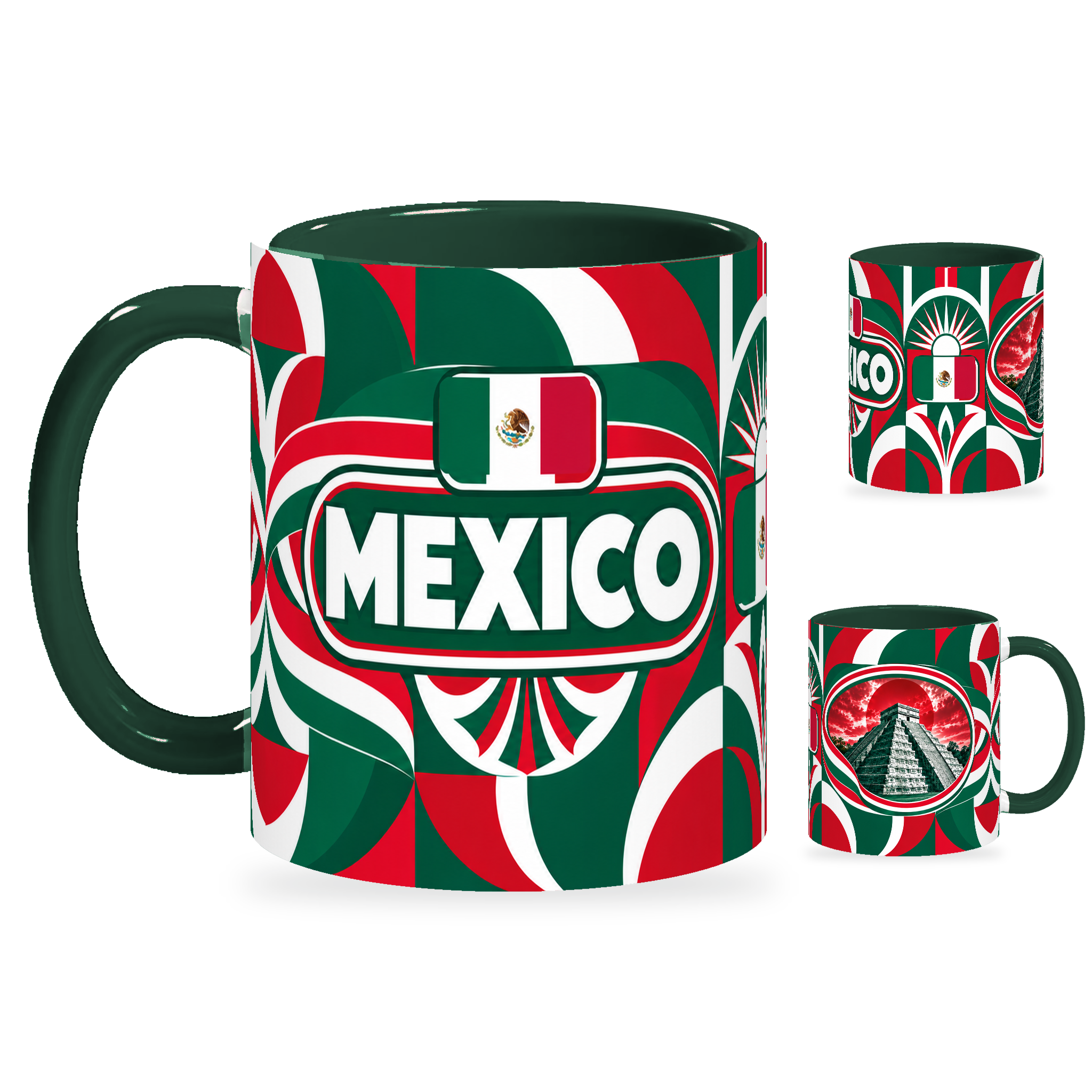 Mexico Mug – 320ml with dark green handle, showing the country-name side plus companion centered-flag and landmark views of the glossy full-wrap design by Fann Bliss.