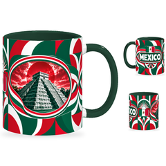 Mexico Mug – 320ml with dark green handle, showing the landmark side plus companion country-name and centered-flag views of the glossy full-wrap design by Fann Bliss.