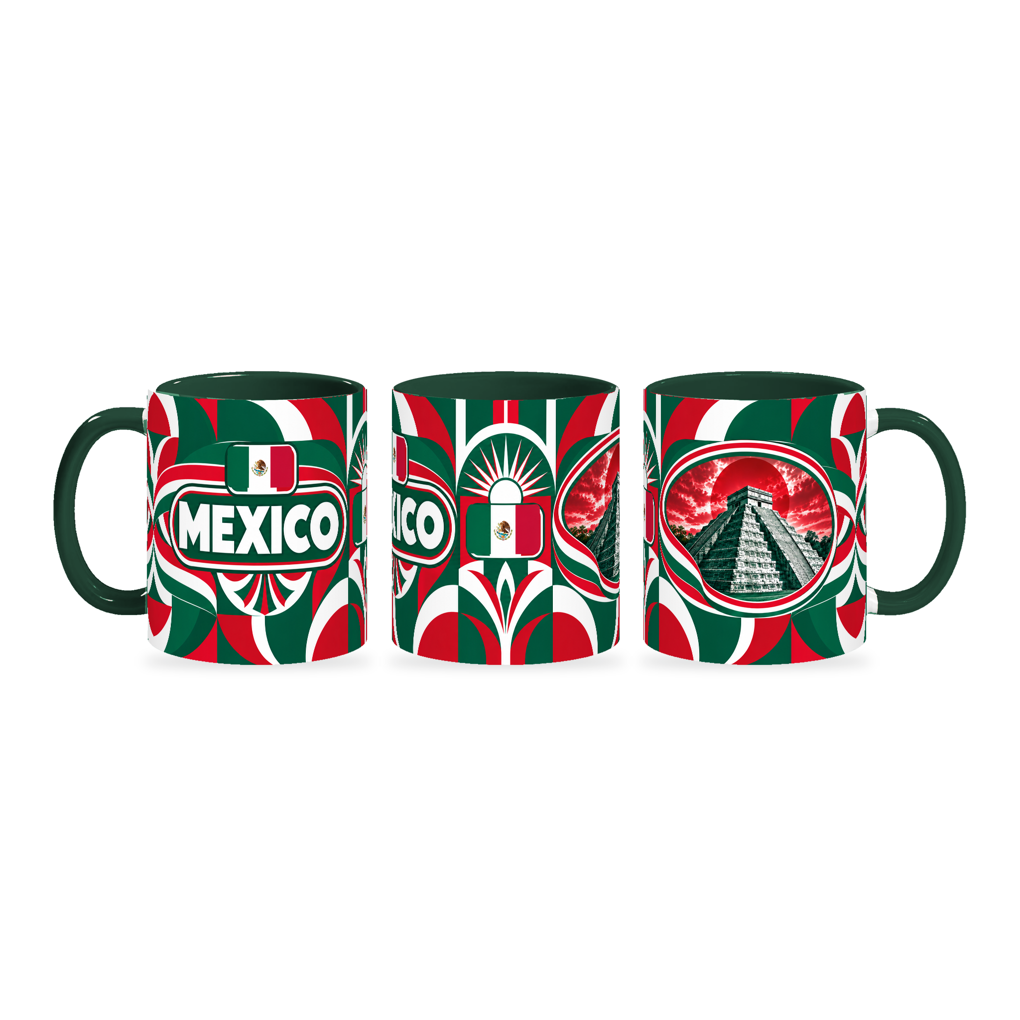 Mexico Mug – 320ml with dark green handle, shown in three matching angles of the glossy full-wrap design by Fann Bliss.