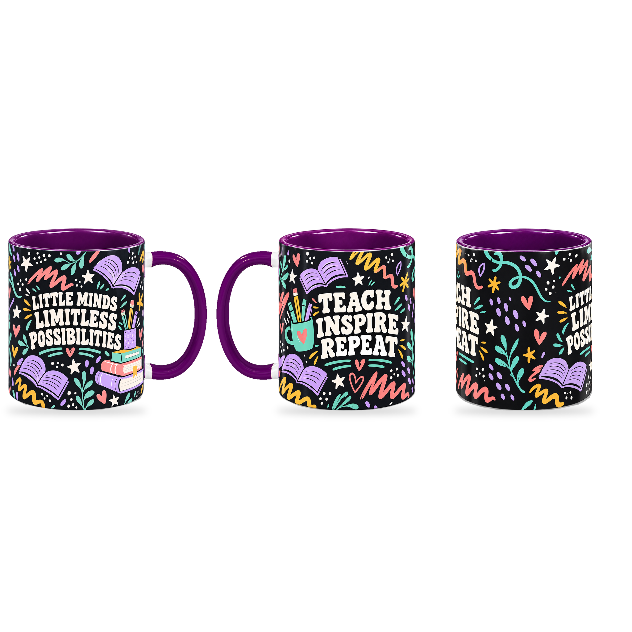 Midnight Bright Ideas Teacher Mug – 320ml — right, left and centre views together on a transparent background