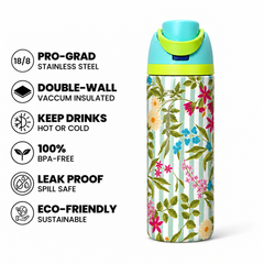 Mint Meadow Free Sip Bottle 720ML with Light Blue-Yellow lid - insulated stainless steel features