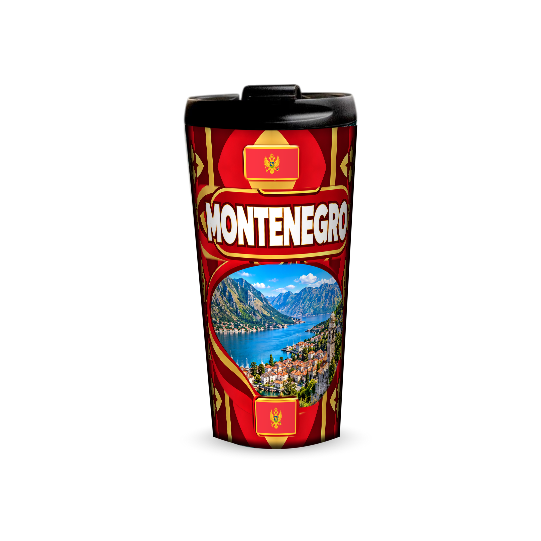 Montenegro 480ml tumbler front view with country design