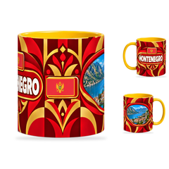 Montenegro Mug Yellow – 320ml with yellow handle, showing the centered flag view plus companion country-name and landmark views of the glossy full-wrap design by Fann Bliss.