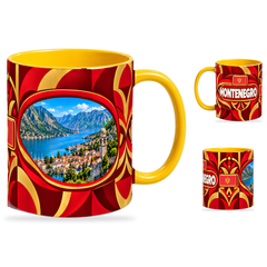 Montenegro Mug Yellow – 320ml with yellow handle, showing the landmark side plus companion country-name and centered-flag views of the glossy full-wrap design by Fann Bliss.