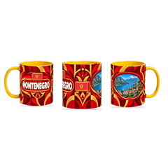 Montenegro Mug Yellow – 320ml with yellow handle, shown in three matching angles of the glossy full-wrap design by Fann Bliss.