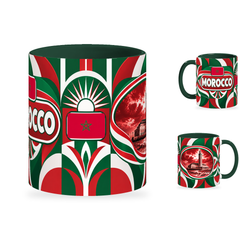 Morocco Mug – 320ml with dark green handle, showing the centered flag view plus companion country-name and landmark views of the glossy full-wrap design by Fann Bliss.