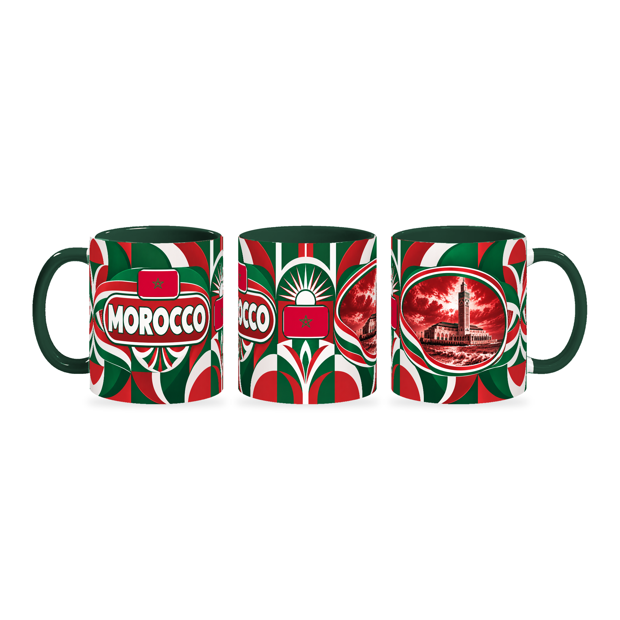 Morocco Mug – 320ml with dark green handle, shown in three matching angles of the glossy full-wrap design by Fann Bliss.