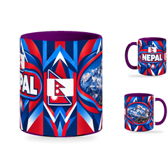 Nepal Mug Purple – 320ml with purple handle, showing the centered flag view plus companion country-name and landmark views of the glossy full-wrap design by Fann Bliss.