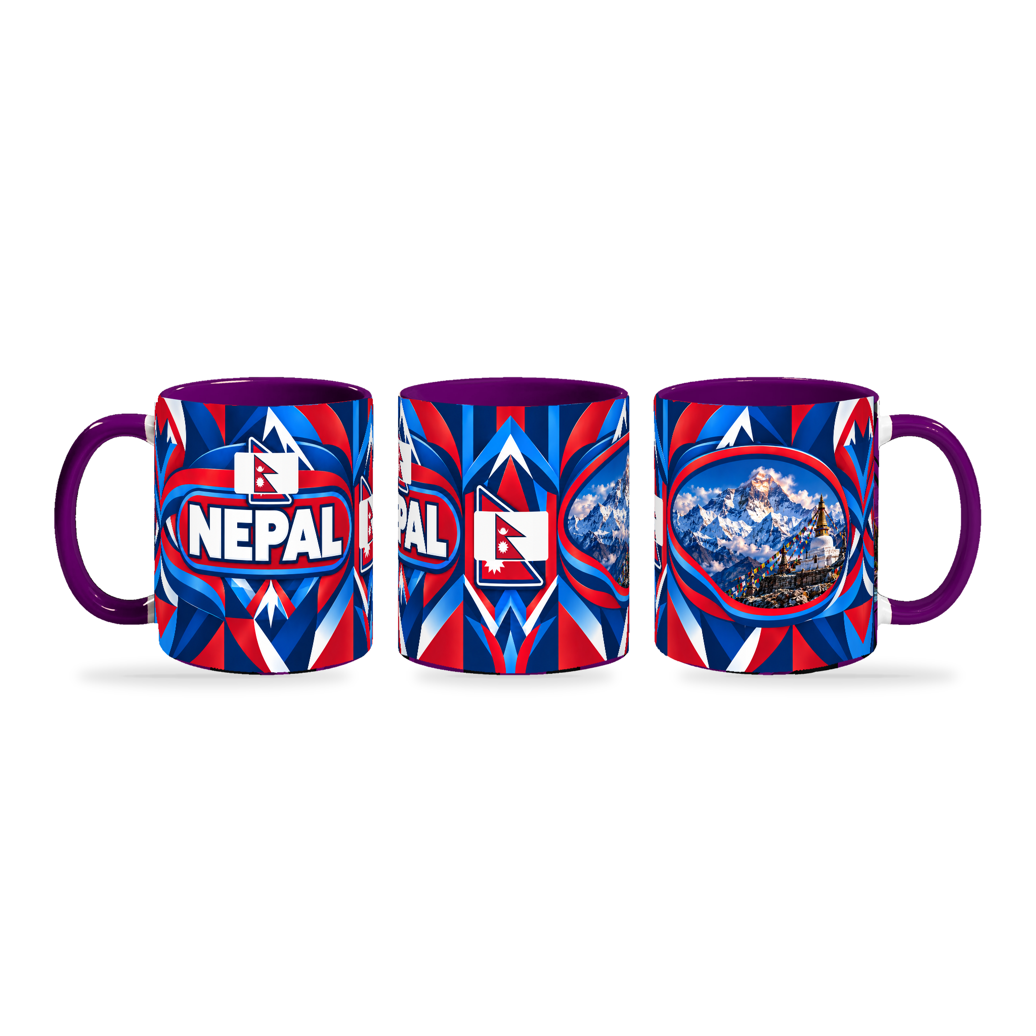 Nepal Mug Purple – 320ml with purple handle, shown in three matching angles of the glossy full-wrap design by Fann Bliss.