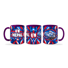 Nepal Mug Purple – 320ml with purple handle, shown in three matching angles of the glossy full-wrap design by Fann Bliss.