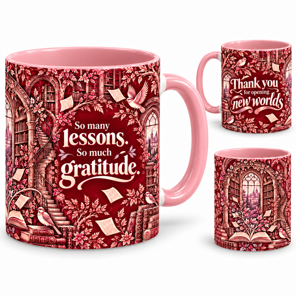 New Worlds Mug – 320ml, pink ceramic mug, views of the full-wrap Teacher’s Day design