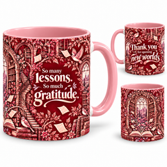 New Worlds Mug – 320ml, pink ceramic mug, views of the full-wrap Teacher’s Day design