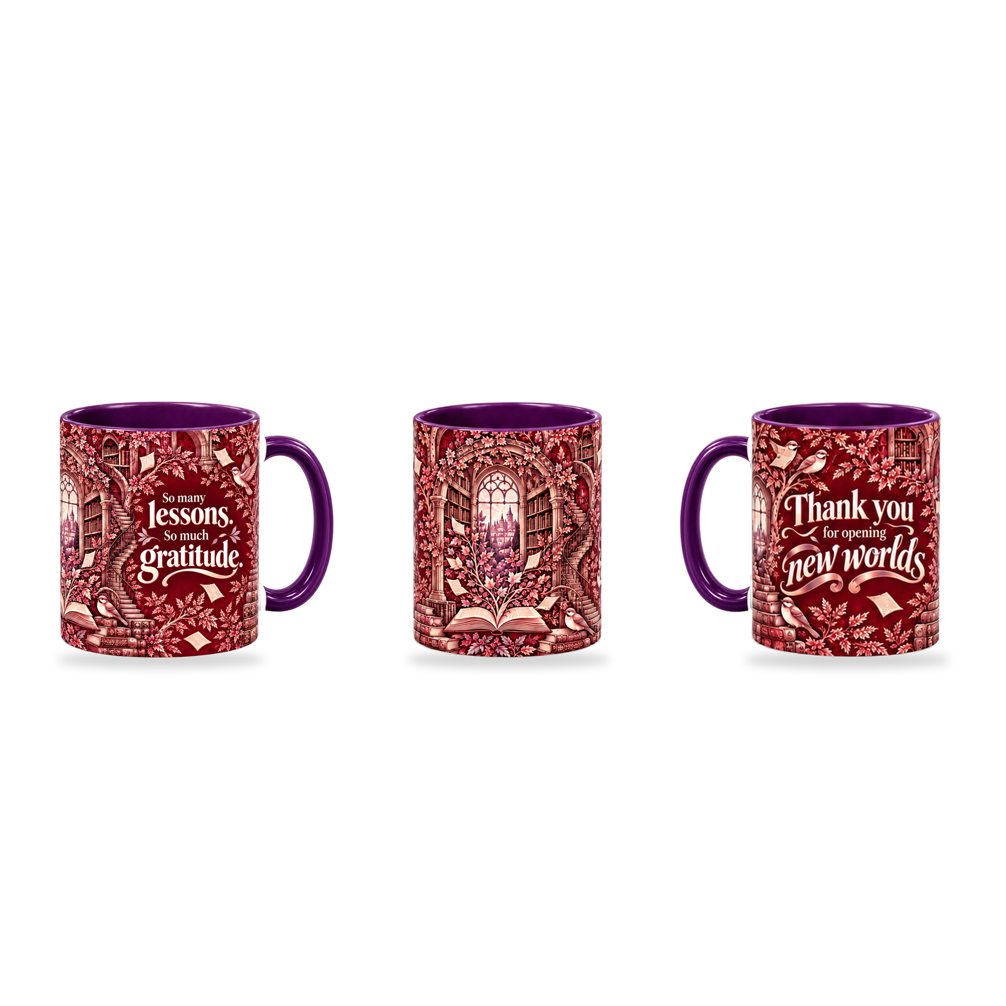 New Worlds Mug – 320ml, Purple ceramic mug, three-angle overview of the Teacher’s Day artwork