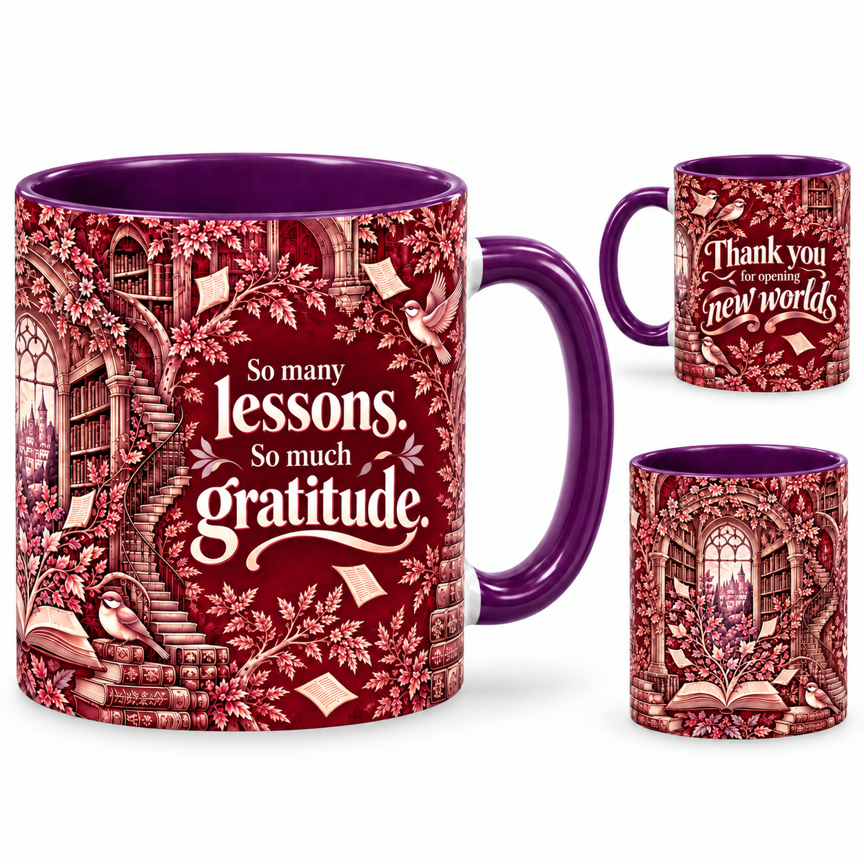 New Worlds Mug – 320ml, purple ceramic mug, views of the full-wrap Teacher’s Day design