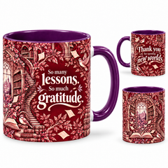 New Worlds Mug – 320ml, purple ceramic mug, views of the full-wrap Teacher’s Day design