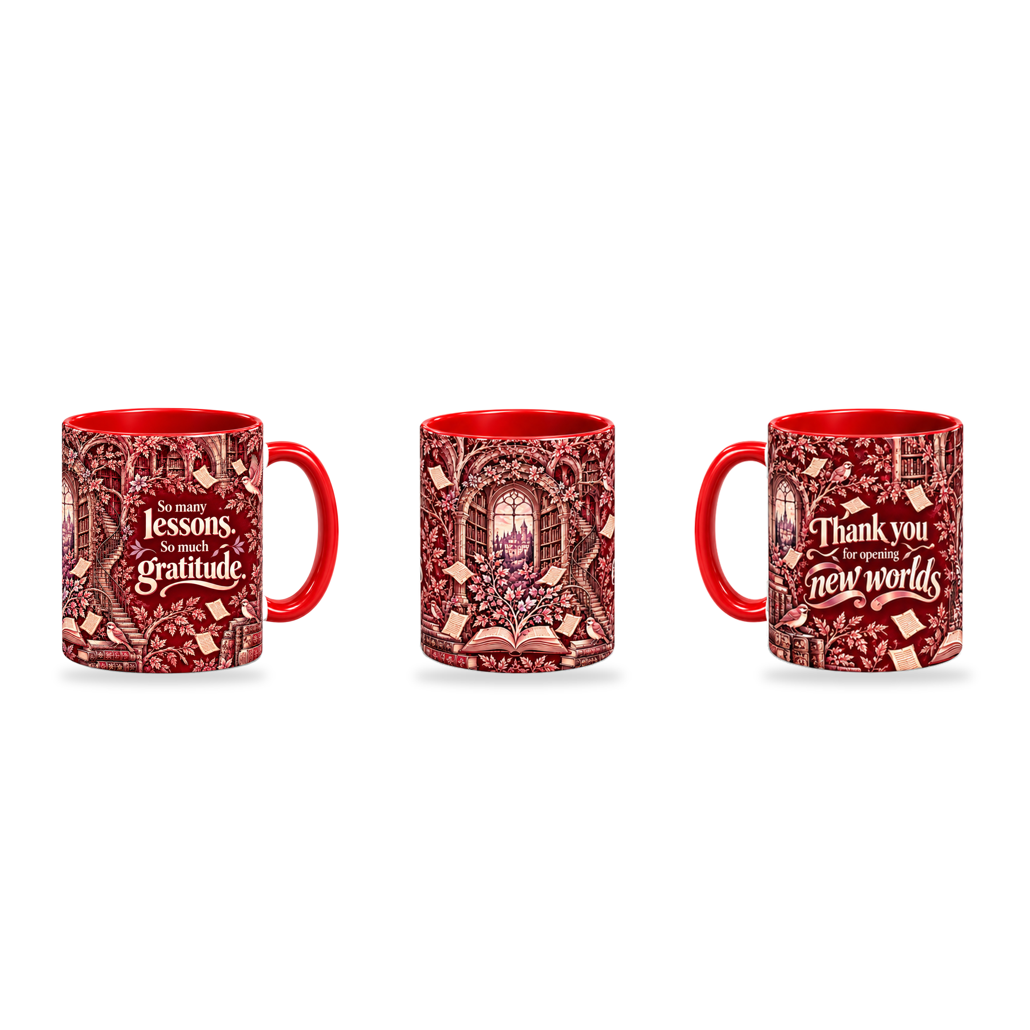 New Worlds Mug – 320ml, Red ceramic mug, three-angle overview of the Teacher’s Day artwork