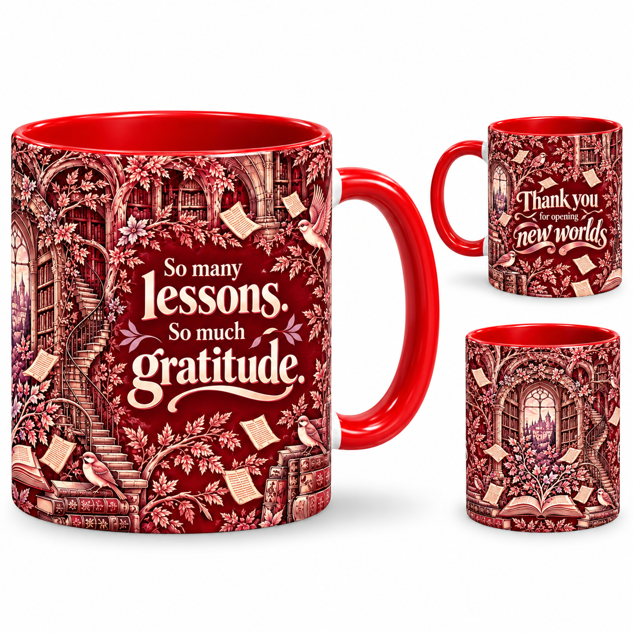 New Worlds Mug – 320ml, red ceramic mug, views of the full-wrap Teacher’s Day design