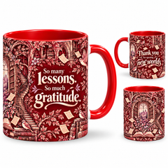 New Worlds Mug – 320ml, red ceramic mug, views of the full-wrap Teacher’s Day design