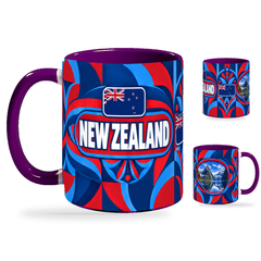 New Zealand Mug Purple – 320ml with purple handle, showing the country-name side plus companion centered-flag and landmark views of the glossy full-wrap design by Fann Bliss.