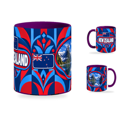 New Zealand Mug Purple – 320ml with purple handle, showing the centered flag view plus companion country-name and landmark views of the glossy full-wrap design by Fann Bliss.