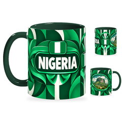 Nigeria Mug – 320ml with dark green handle, showing the country-name side plus companion centered-flag and landmark views of the glossy full-wrap design by Fann Bliss.