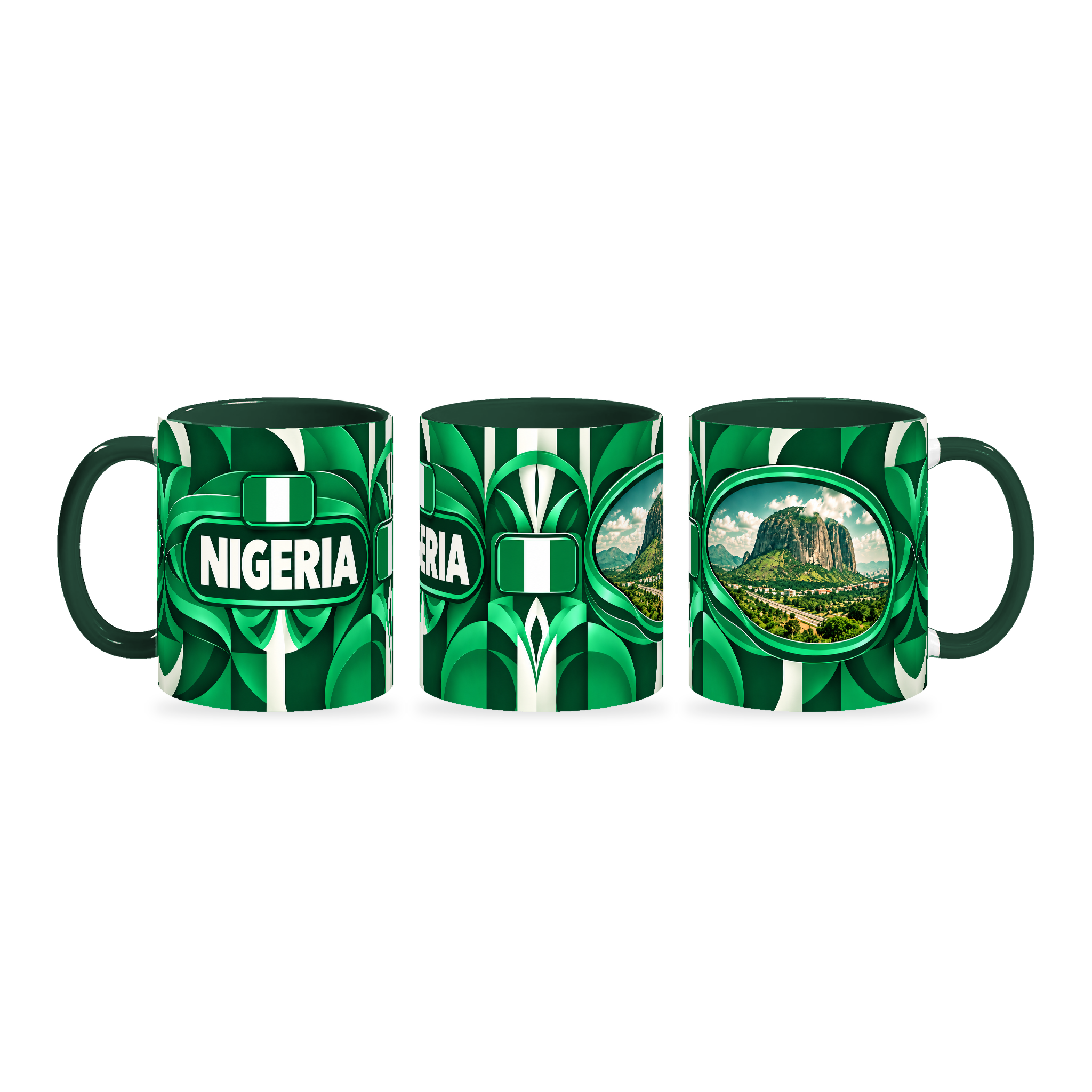 Nigeria Mug – 320ml with dark green handle, shown in three matching angles of the glossy full-wrap design by Fann Bliss.