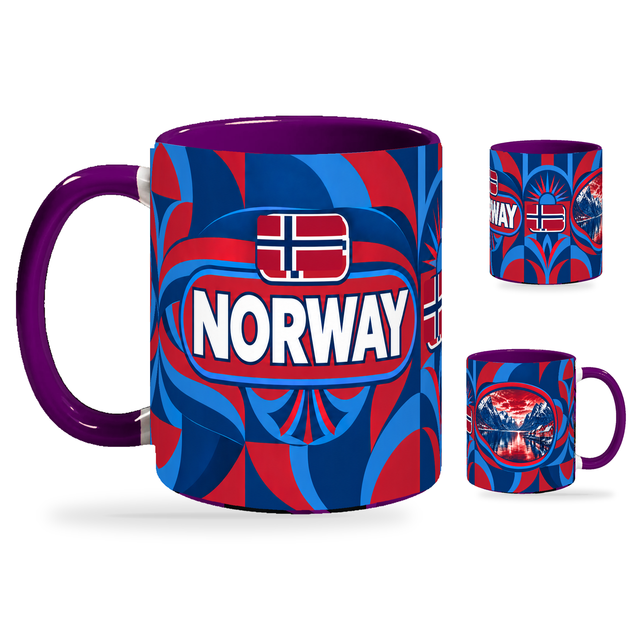 Norway Mug Purple – 320ml with purple handle, showing the country-name side plus companion centered-flag and landmark views of the glossy full-wrap design by Fann Bliss.