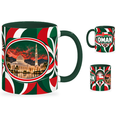 Oman Mug – 320ml with dark green handle, showing the landmark side plus companion country-name and centered-flag views of the glossy full-wrap design by Fann Bliss.