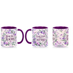Orchid Knowledge Teacher Mug – 320ml — right, left and front views together on a transparent background