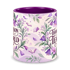 Orchid Knowledge Teacher Mug, purple – centre view of the full-wrap pattern