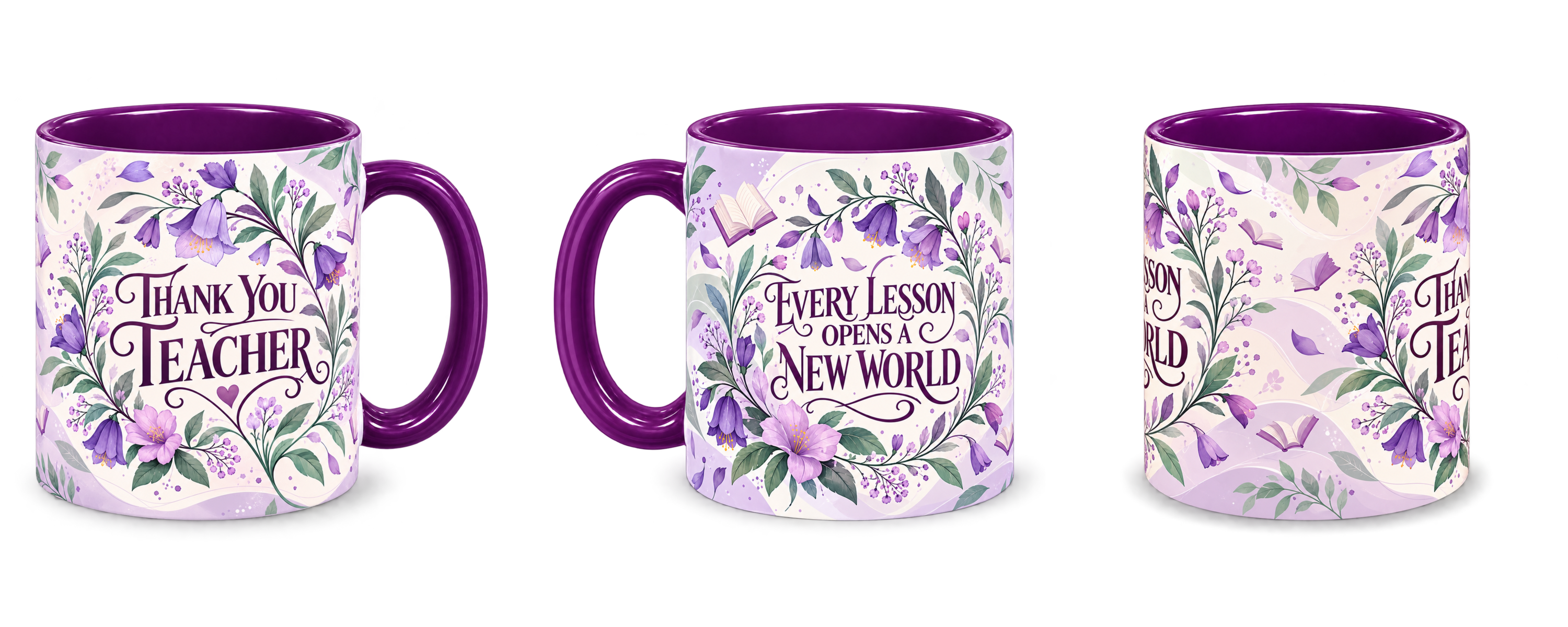 Orchid Knowledge Teacher Mug, purple – right, left and centre views side by side