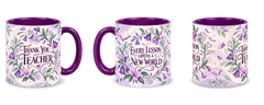 Orchid Knowledge Teacher Mug, purple – right, left and centre views side by side