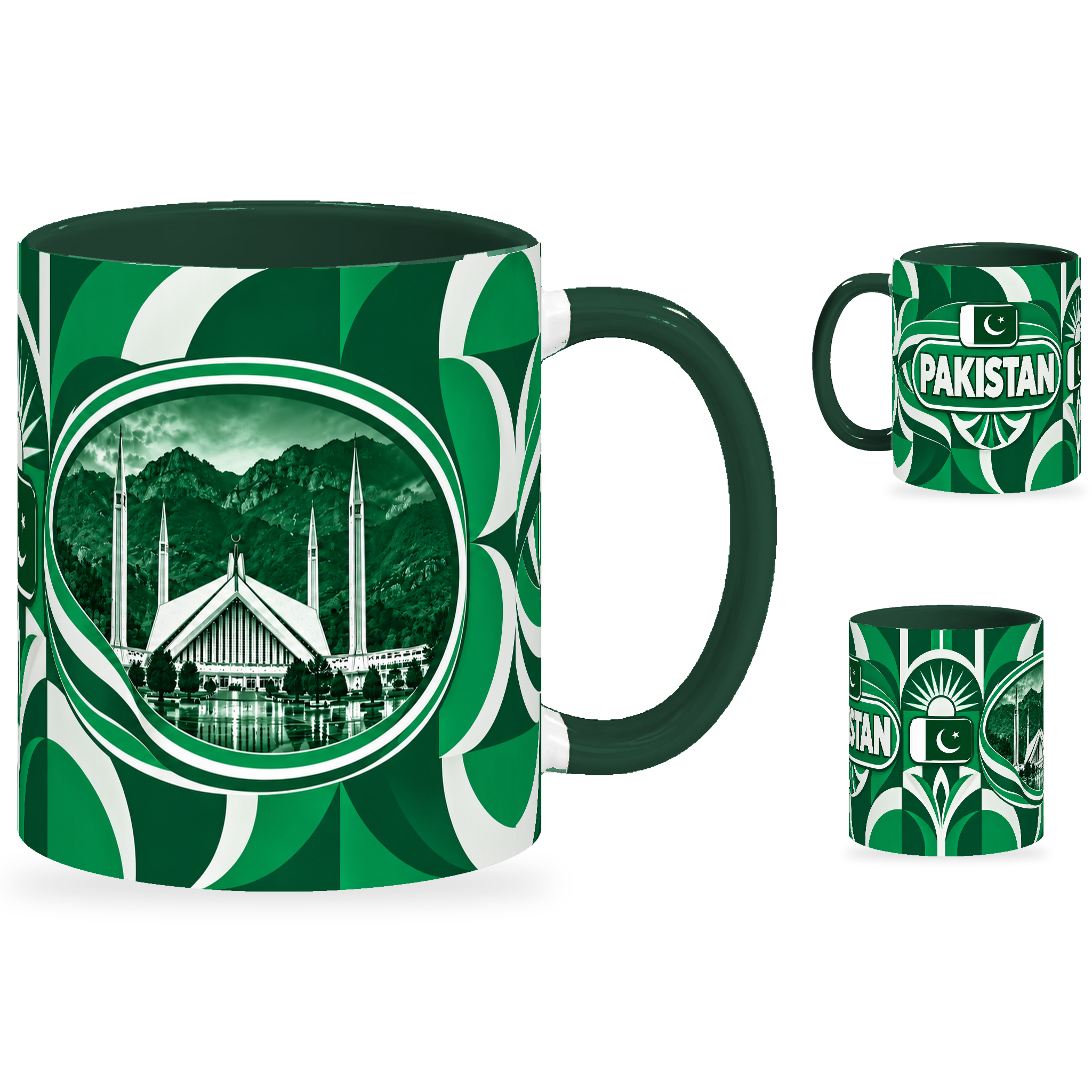 Pakistan Mug – 320ml with dark green handle, showing the landmark side plus companion country-name and centered-flag views of the glossy full-wrap design by Fann Bliss.