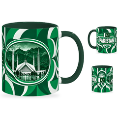 Pakistan Mug – 320ml with dark green handle, showing the landmark side plus companion country-name and centered-flag views of the glossy full-wrap design by Fann Bliss.