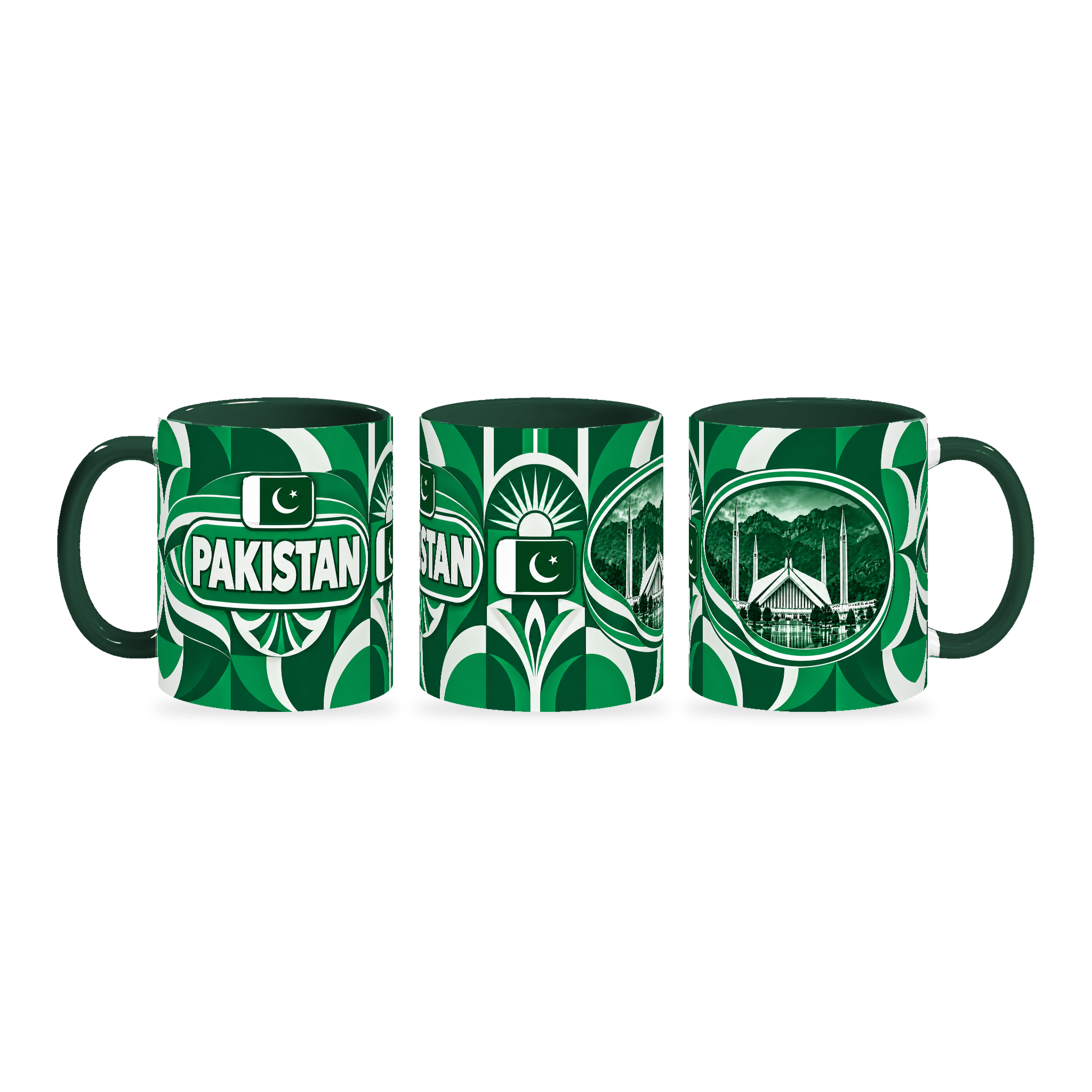 Pakistan Mug – 320ml with dark green handle, shown in three matching angles of the glossy full-wrap design by Fann Bliss.