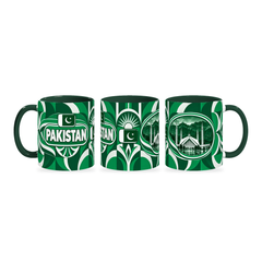 Pakistan Mug – 320ml with dark green handle, shown in three matching angles of the glossy full-wrap design by Fann Bliss.
