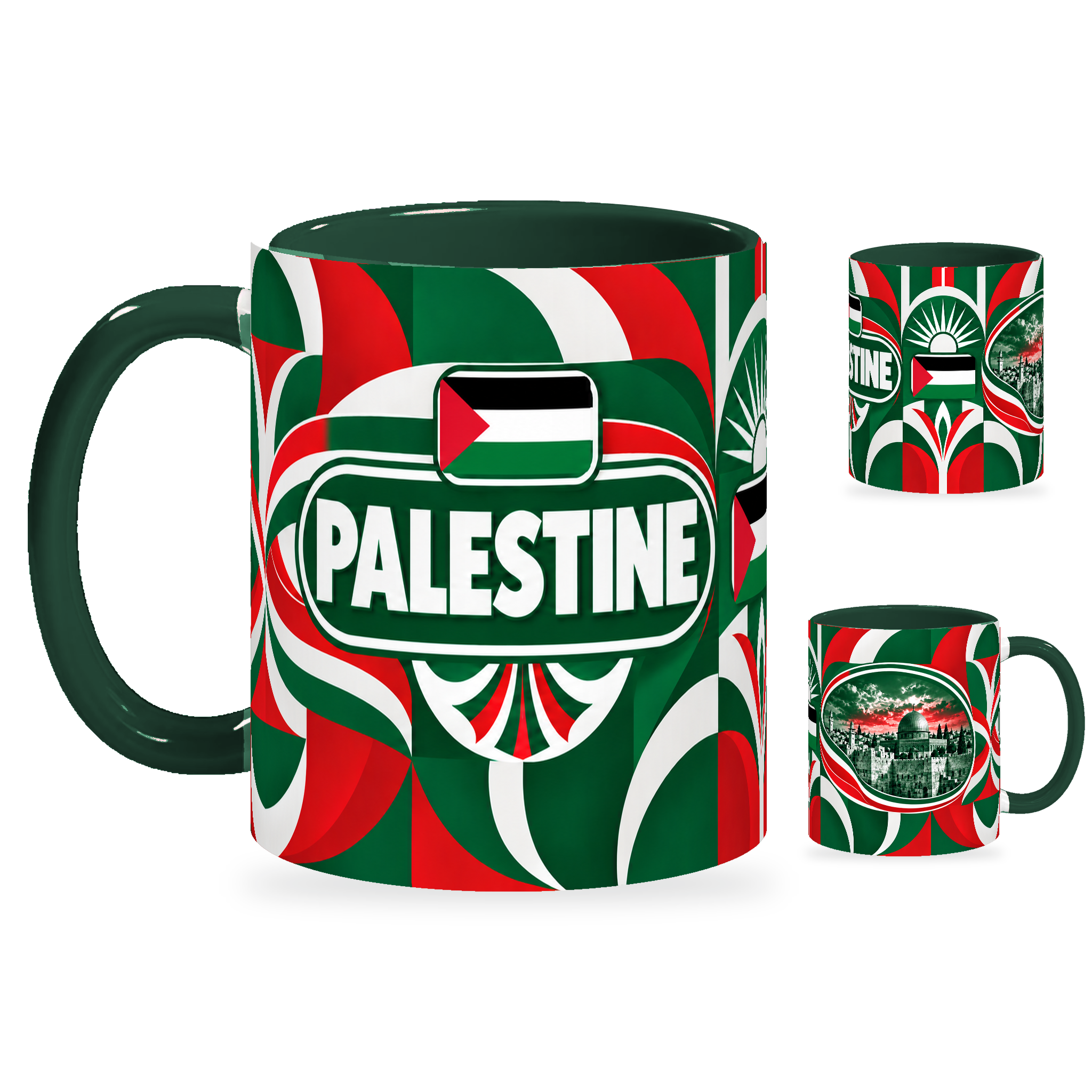 Palestine Mug – 320ml with dark green handle, showing the country-name side plus companion centered-flag and landmark views of the glossy full-wrap design by Fann Bliss.