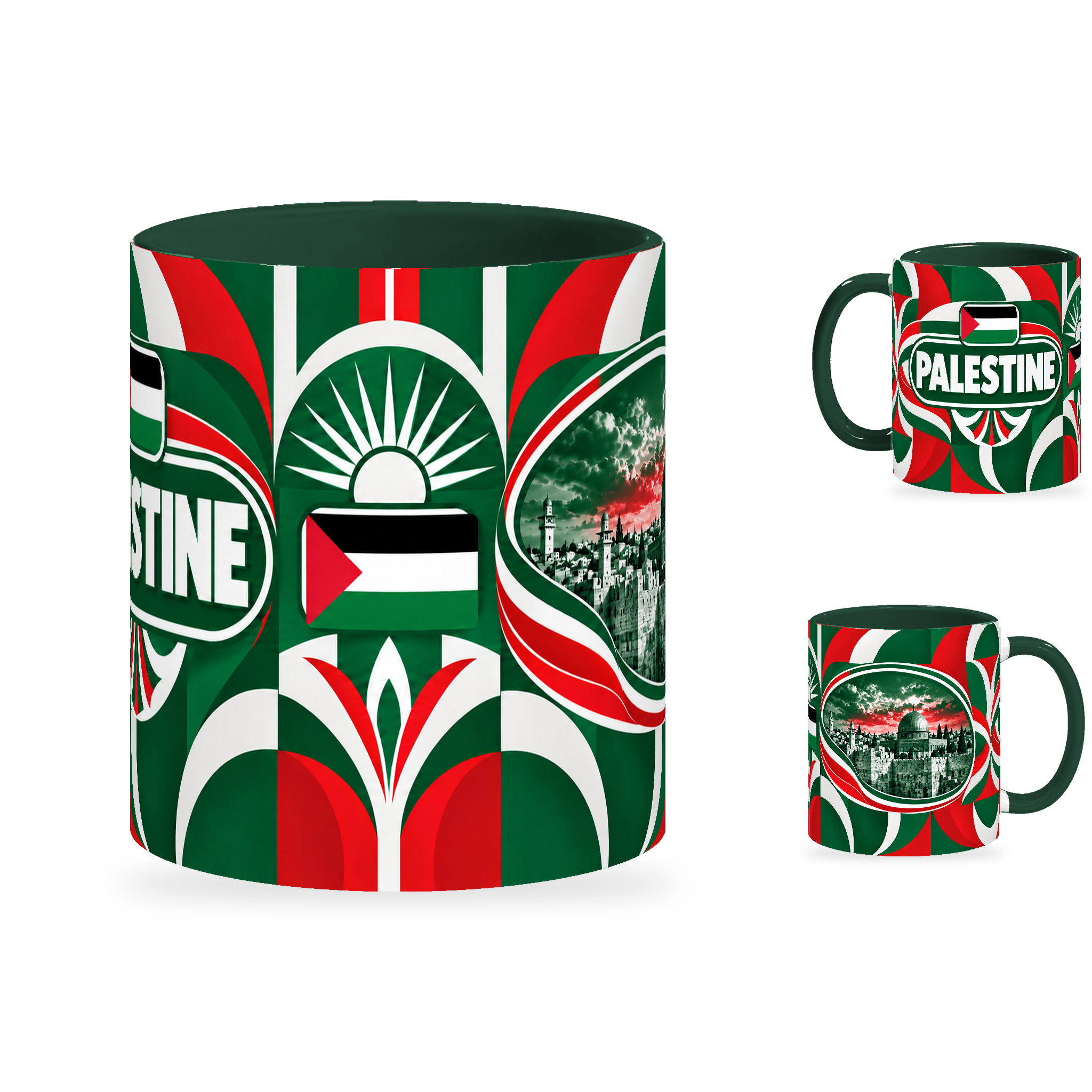 Palestine Mug – 320ml with dark green handle, showing the centered flag view plus companion country-name and landmark views of the glossy full-wrap design by Fann Bliss.
