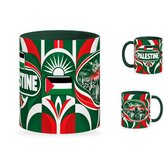 Palestine Mug – 320ml with dark green handle, showing the centered flag view plus companion country-name and landmark views of the glossy full-wrap design by Fann Bliss.