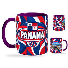 Panama Mug Purple – 320ml with purple handle, showing the country-name side plus companion centered-flag and landmark views of the glossy full-wrap design by Fann Bliss.