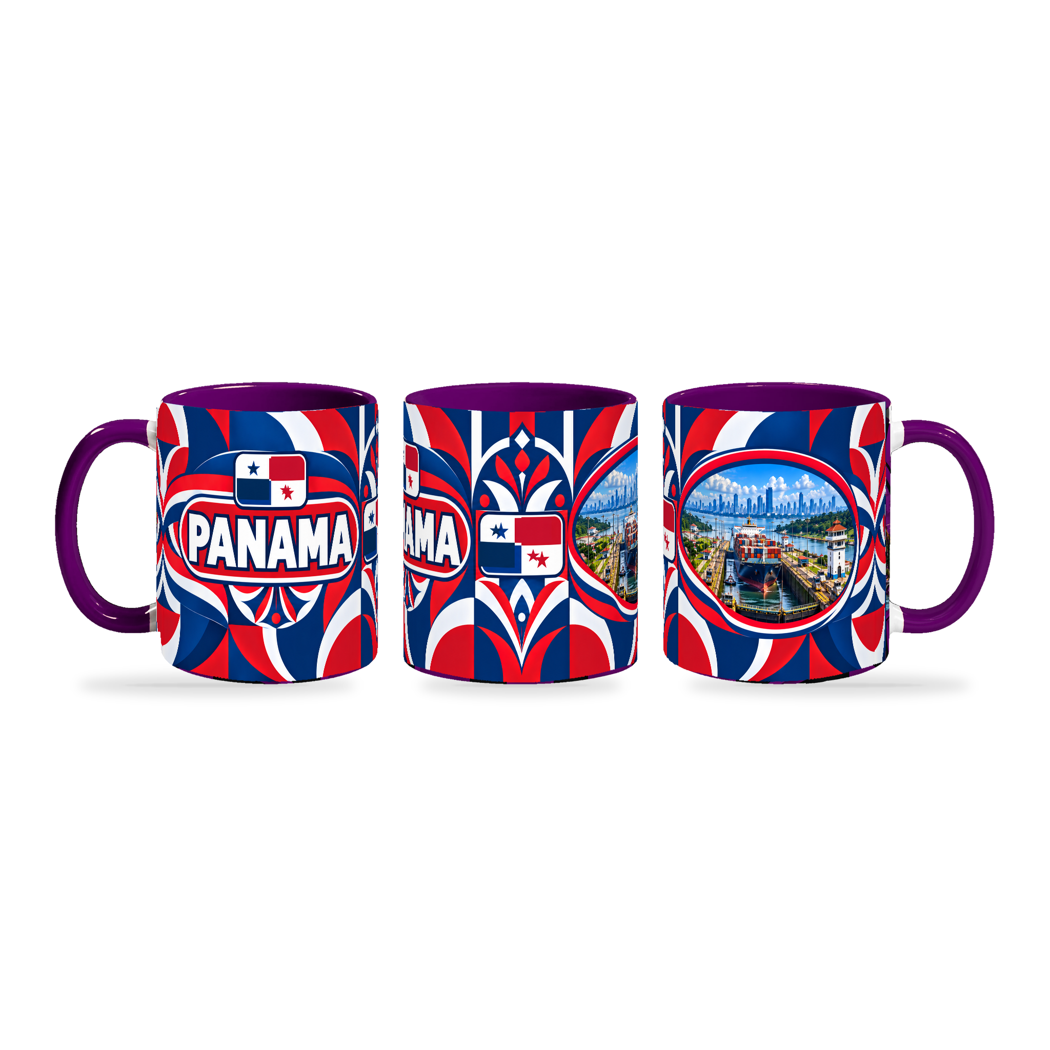 Panama Mug Purple – 320ml with purple handle, shown in three matching angles of the glossy full-wrap design by Fann Bliss.