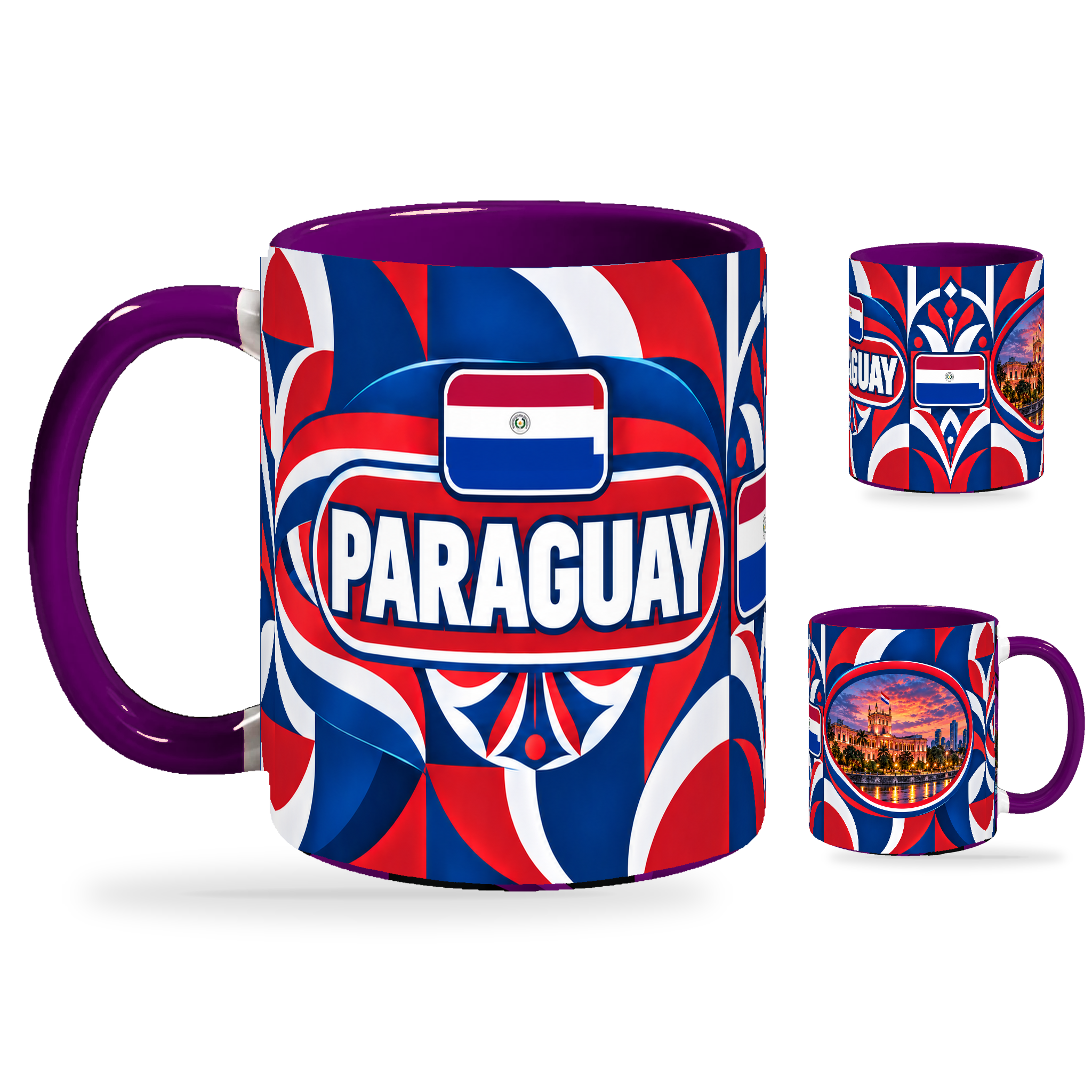 Paraguay Mug Purple – 320ml with purple handle, showing the country-name side plus companion centered-flag and landmark views of the glossy full-wrap design by Fann Bliss.