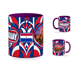 Paraguay Mug Purple – 320ml with purple handle, showing the centered flag view plus companion country-name and landmark views of the glossy full-wrap design by Fann Bliss.