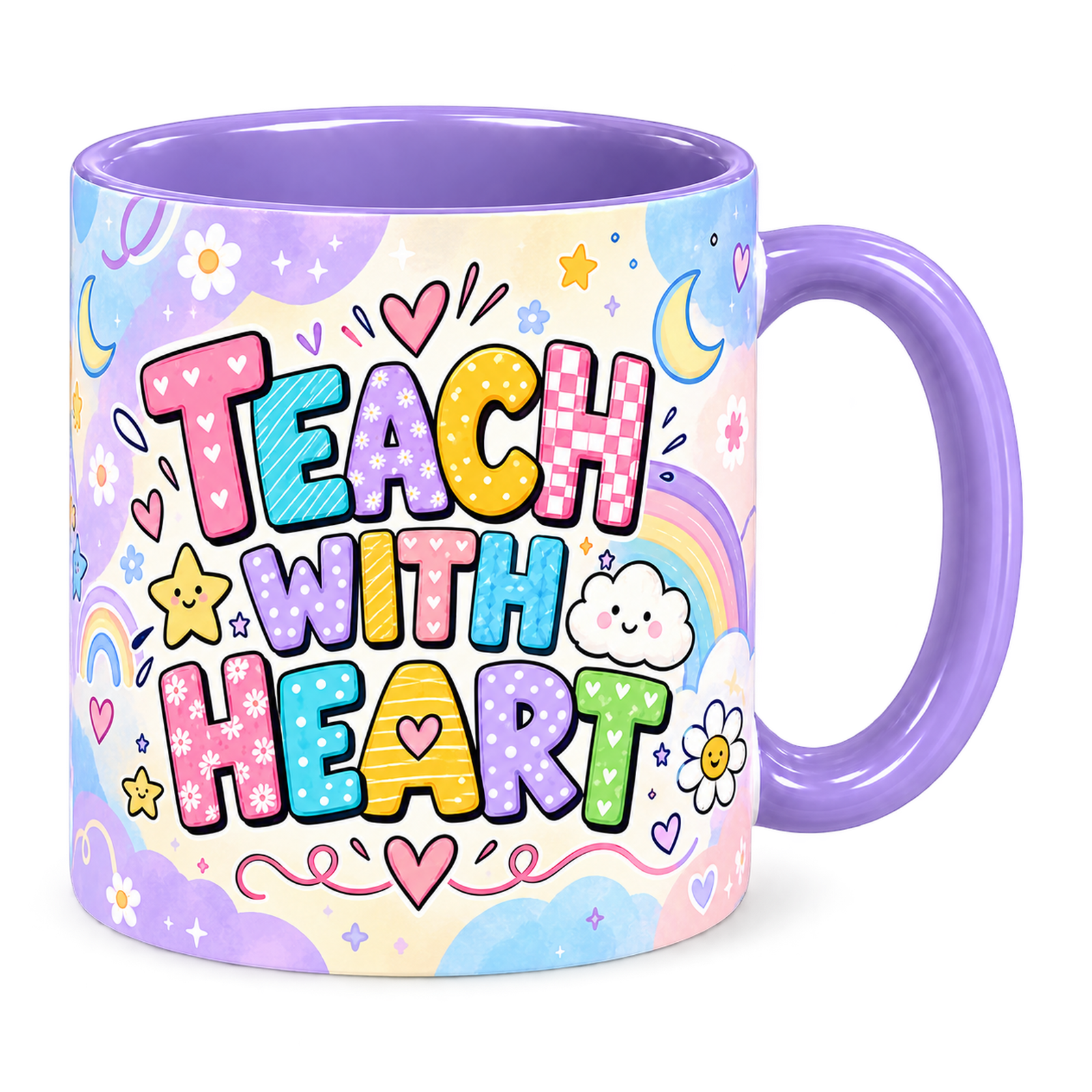 Pastel Rainbow Lessons Teacher Mug, light purple – handle on the right, TEACH WITH HEART
