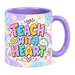 Pastel Rainbow Lessons Teacher Mug, light purple – handle on the right, TEACH WITH HEART