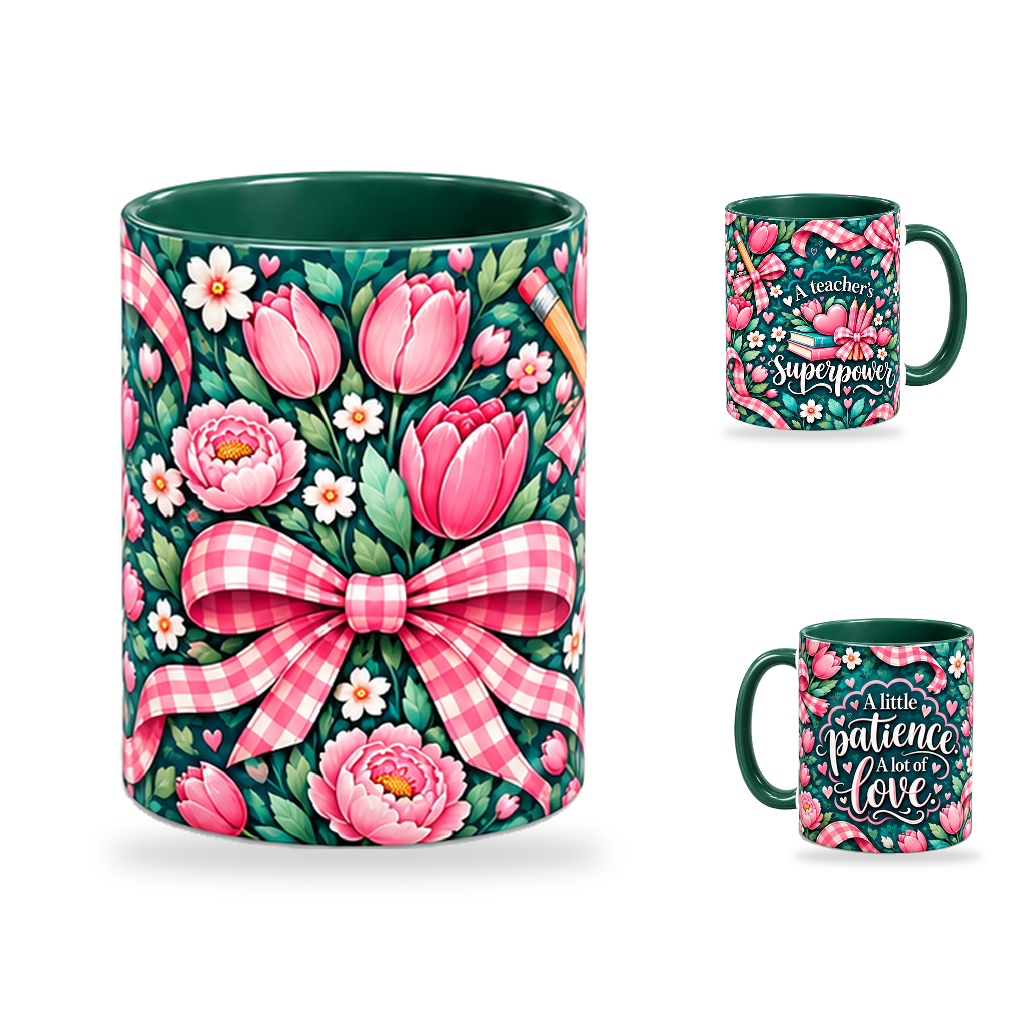 Patient Hearts Mug – 320ml, Dark Green ceramic mug, centre-pattern of the Teacher’s Day artwork
