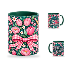 Patient Hearts Mug – 320ml, Dark Green ceramic mug, centre-pattern of the Teacher’s Day artwork